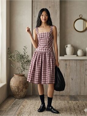 Anthropologie Maeve Purple Gingham Silk Blend Drop Waist Midi Dress NWT 2
